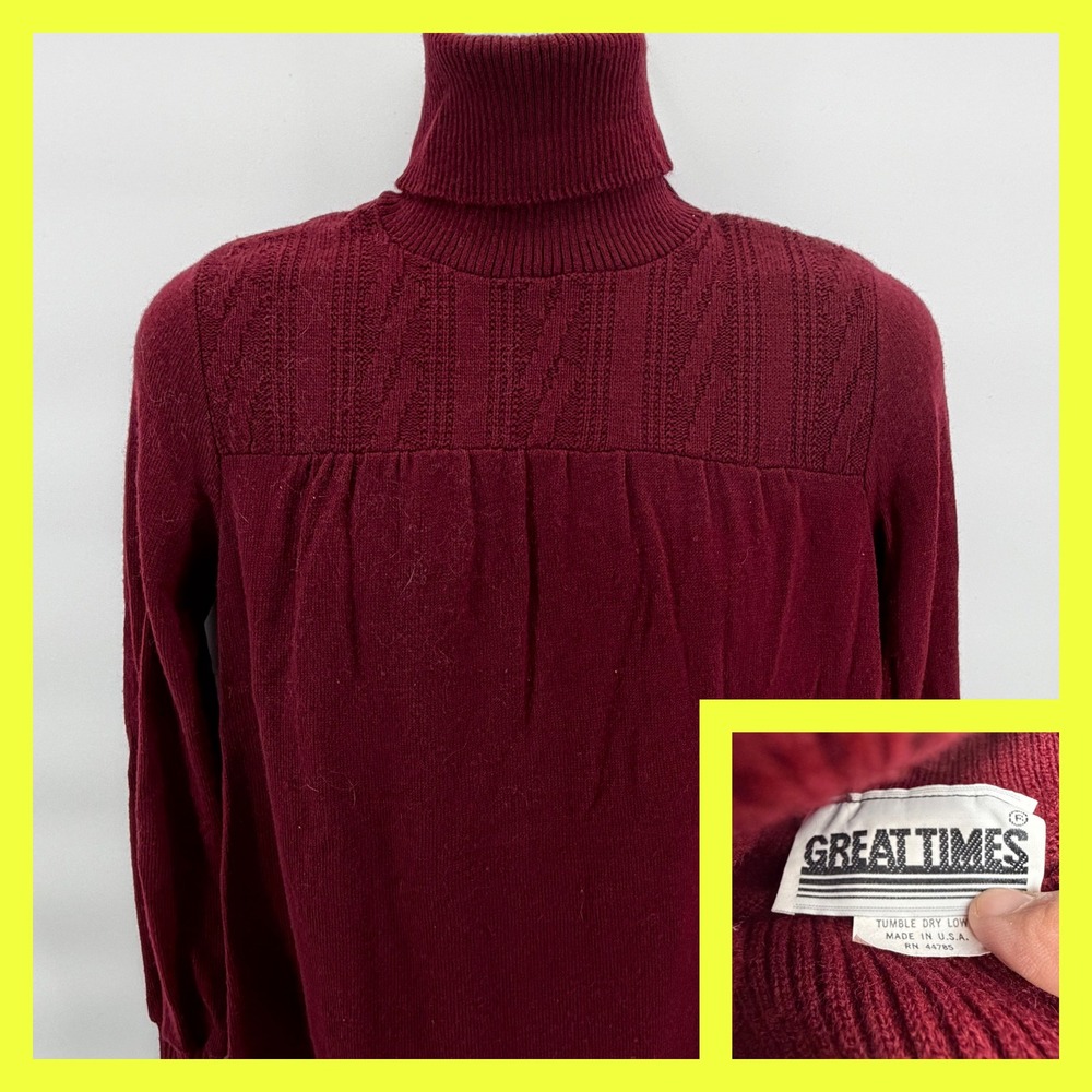 Vtg Great Times Burgundy Turtleneck Sweater Womens XL Acrylic‎ Knit Made in USA